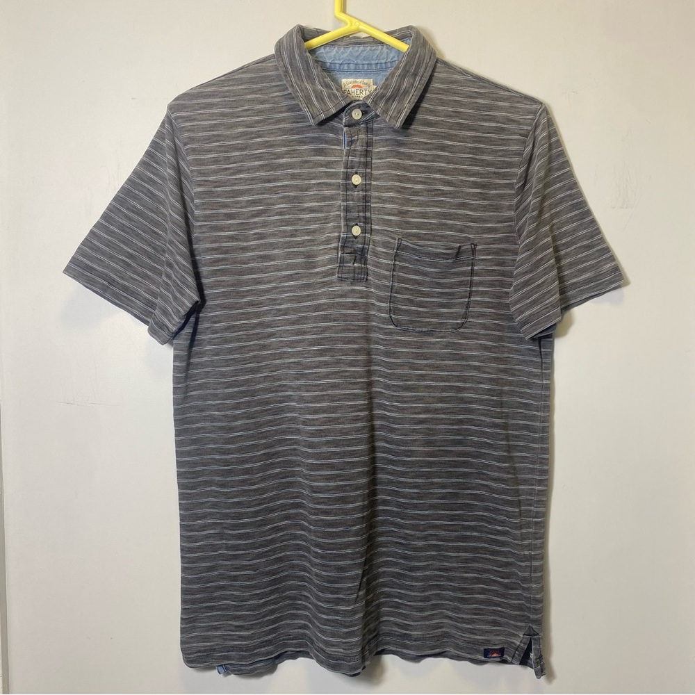 FAHERTY Brand Men's M Indigo
Dyed Striped Short Sleeve Pocket
Polo Shirt Casual